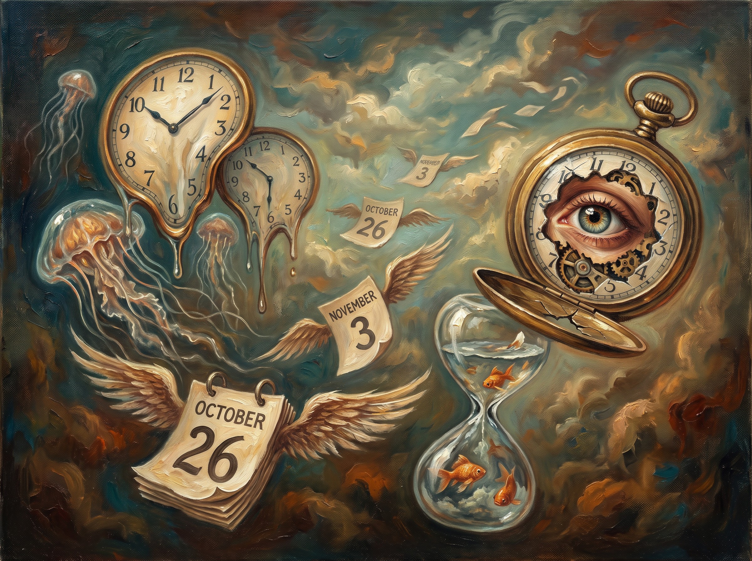Surrealist painting of melting pocket watches, jellyfish, and winged calendar pages drifting through clouds, with an hourglass holding goldfish