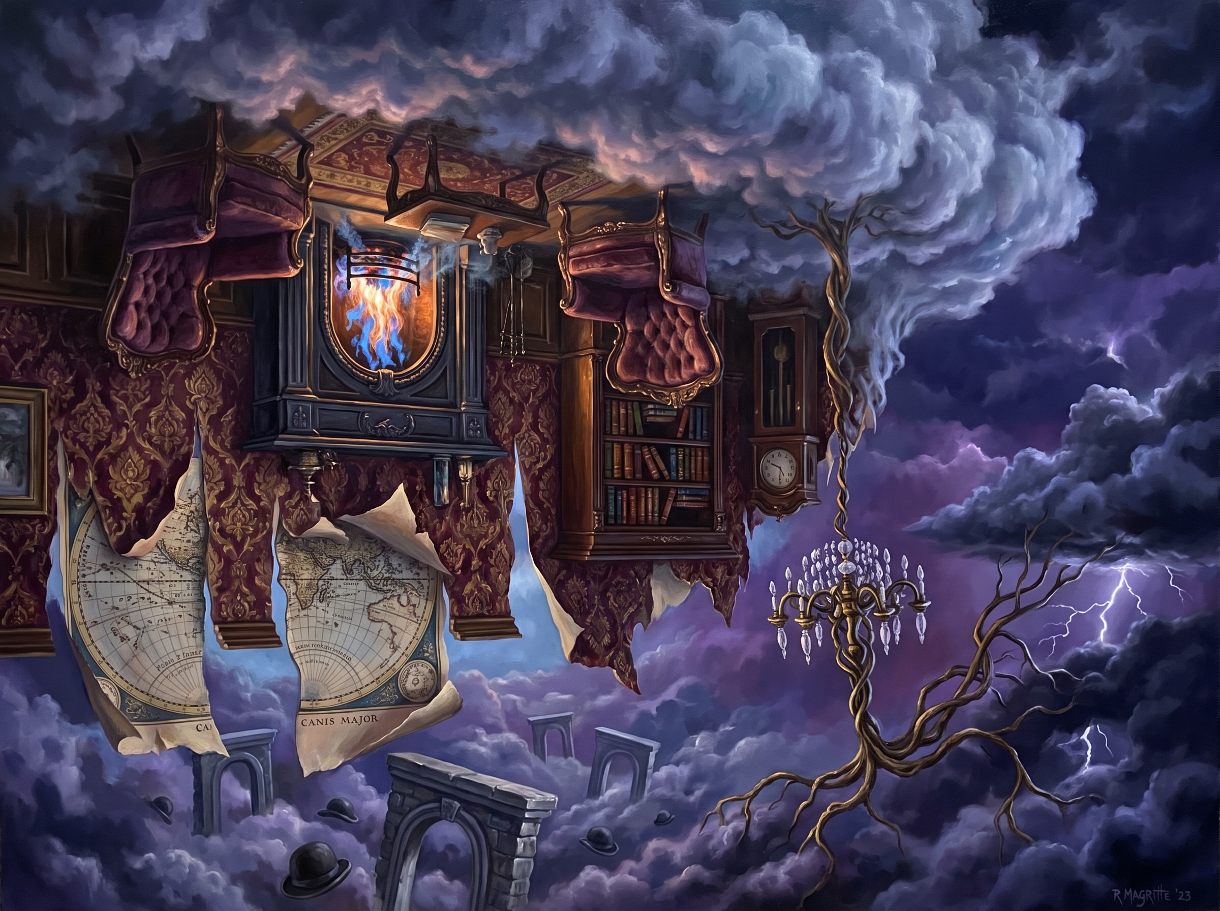 Surrealist painting of a grand interior torn open to a storm-lit sky