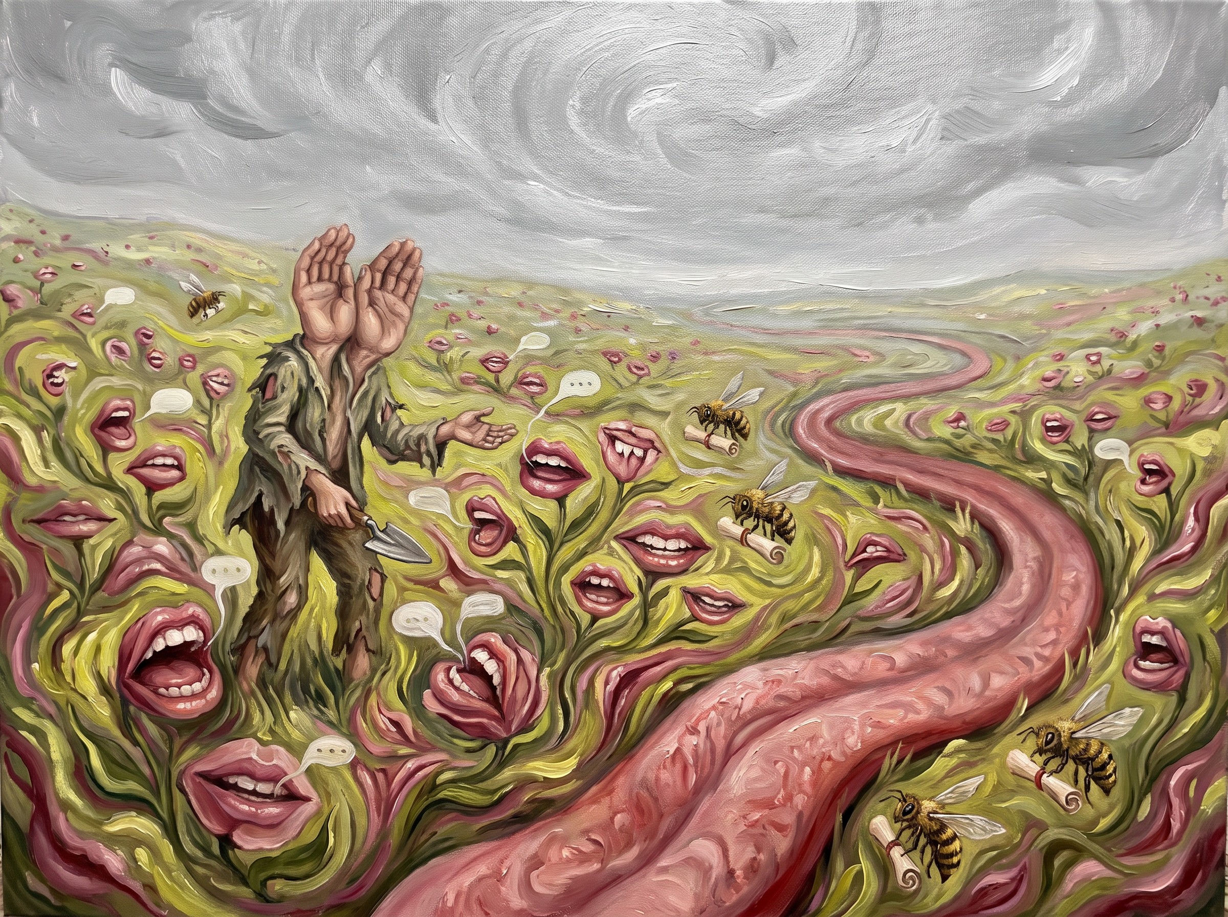 Surrealist painting of a faceless figure in a field of speaking flowers beside a winding river