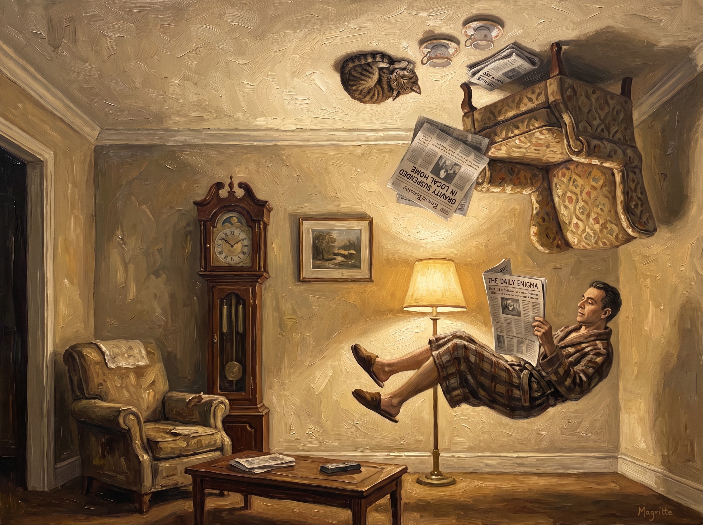 Surrealist painting of a sitting room with reversed gravity
