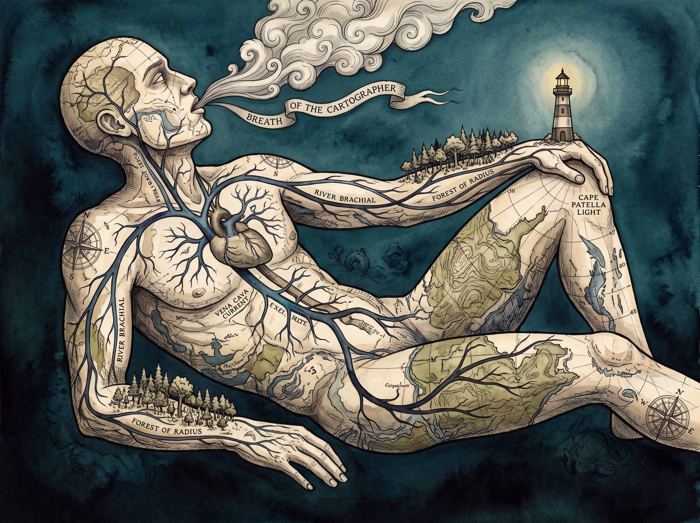 Illustration of a reclining figure rendered as an antique topographic map